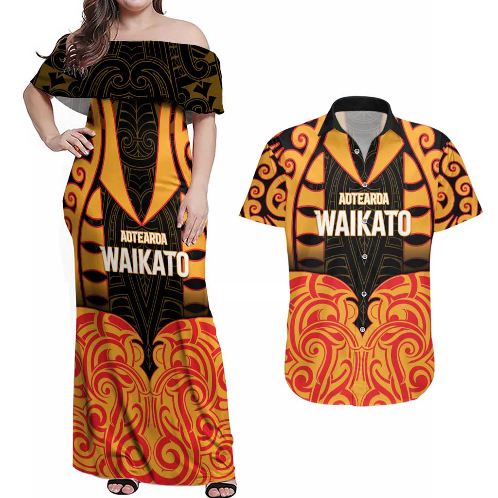 Custom Aotearoa Waikato Couples Matching Off Shoulder Maxi Dress and Hawaiian Shirt Maori Pattern New Zealand - Polynesian Pride