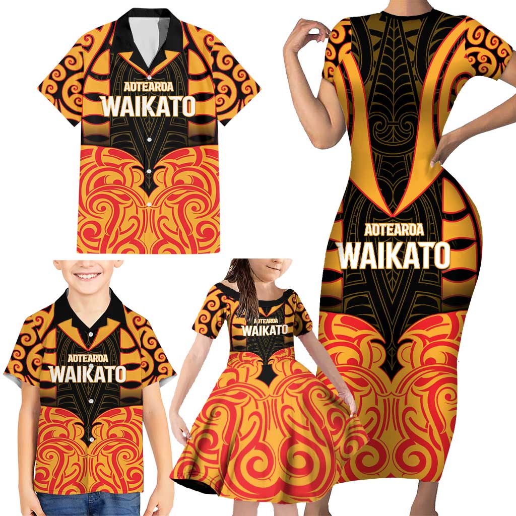 Custom Aotearoa Waikato Family Matching Short Sleeve Bodycon Dress and Hawaiian Shirt Maori Pattern New Zealand - Polynesian Pride