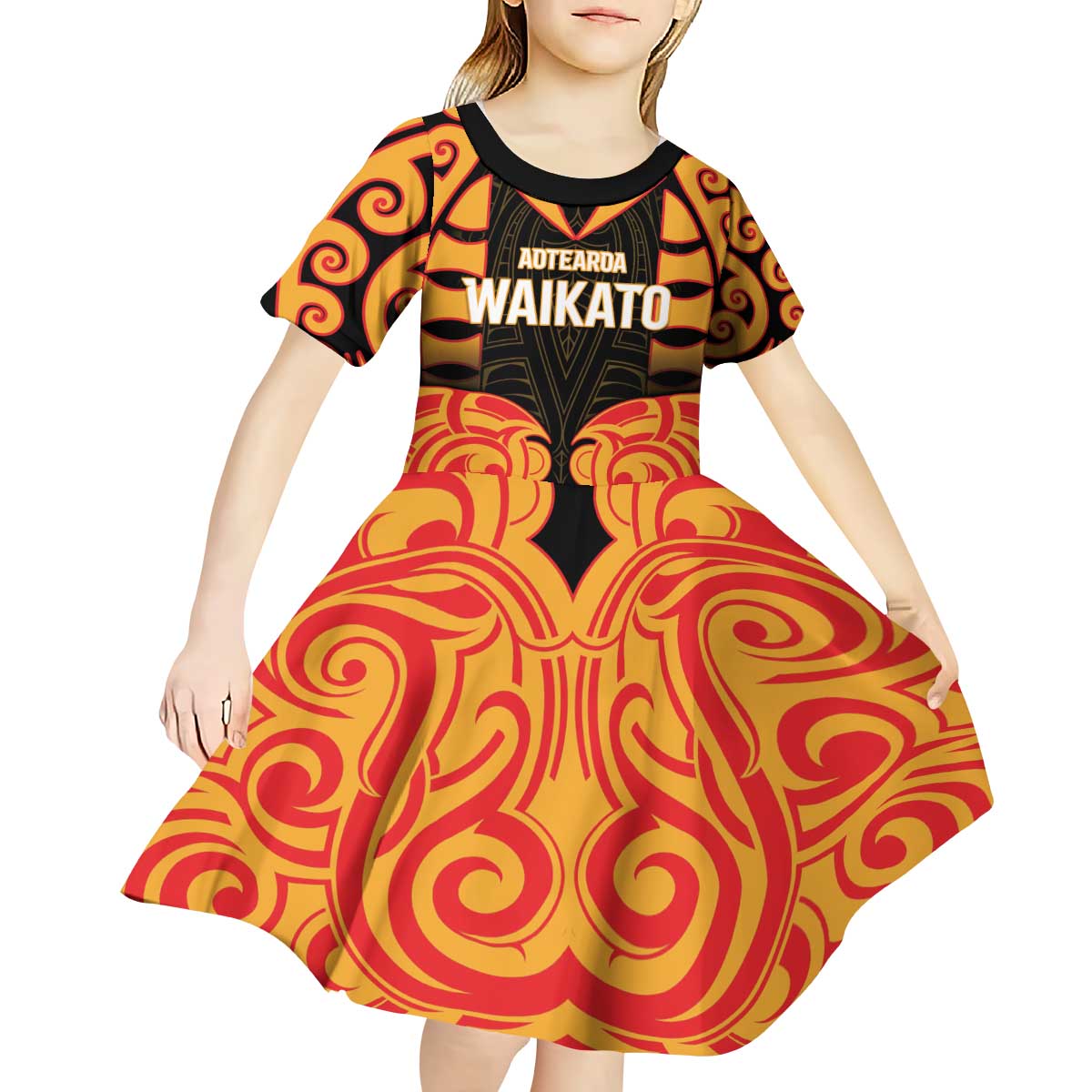 Custom Aotearoa Waikato Kid Short Sleeve Dress Maori Pattern New Zealand - Polynesian Pride