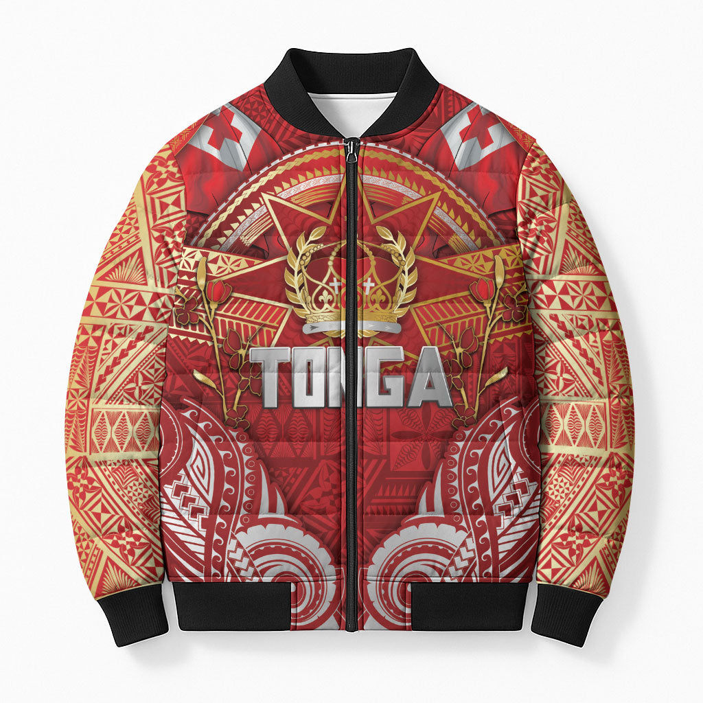 Tonga King's Birthday Bomber Puffer Jacket Gold Royal Crown Tribal Patterns
