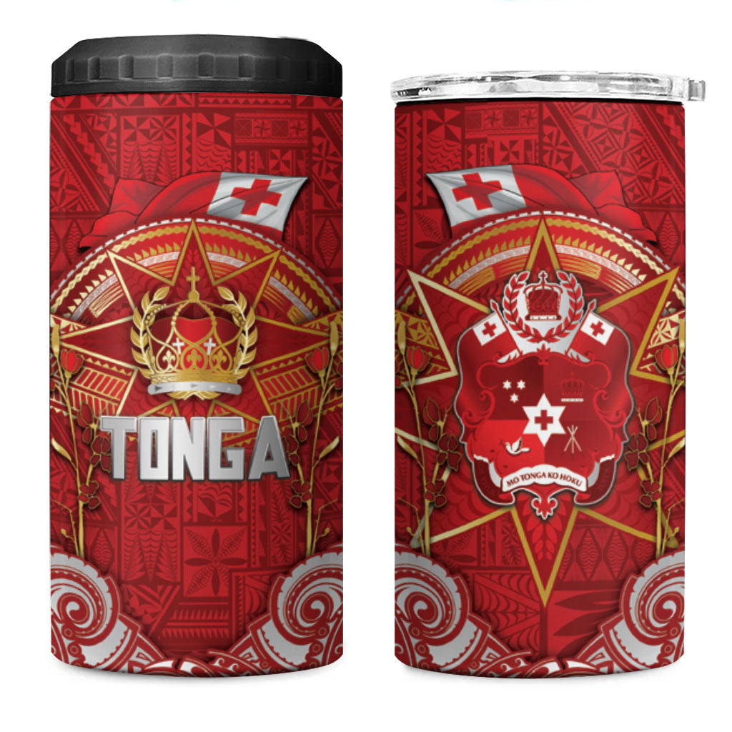 Tonga King's Birthday 4 in 1 Can Cooler Tumbler Gold Royal Crown Tribal Patterns
