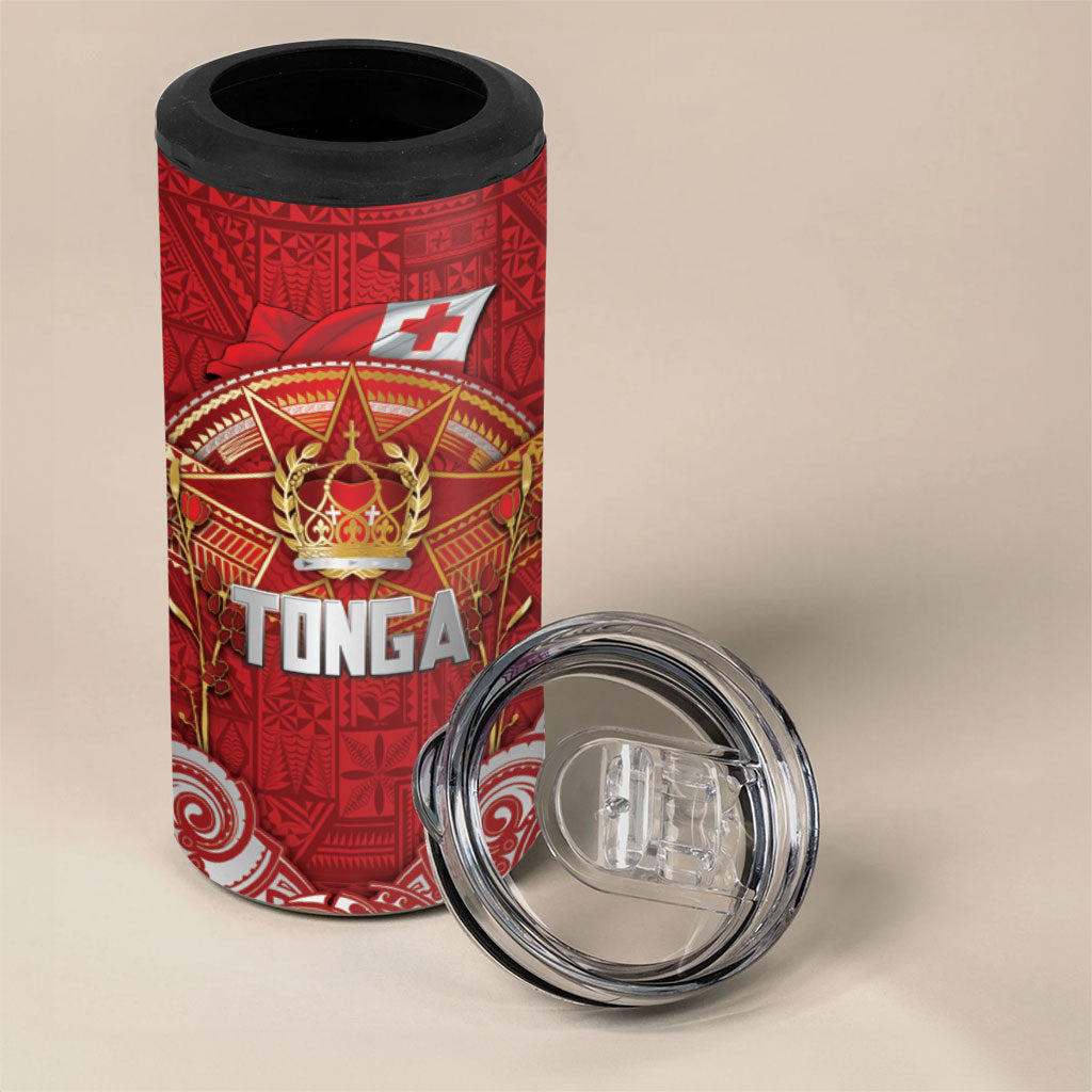 Tonga King's Birthday 4 in 1 Can Cooler Tumbler Gold Royal Crown Tribal Patterns