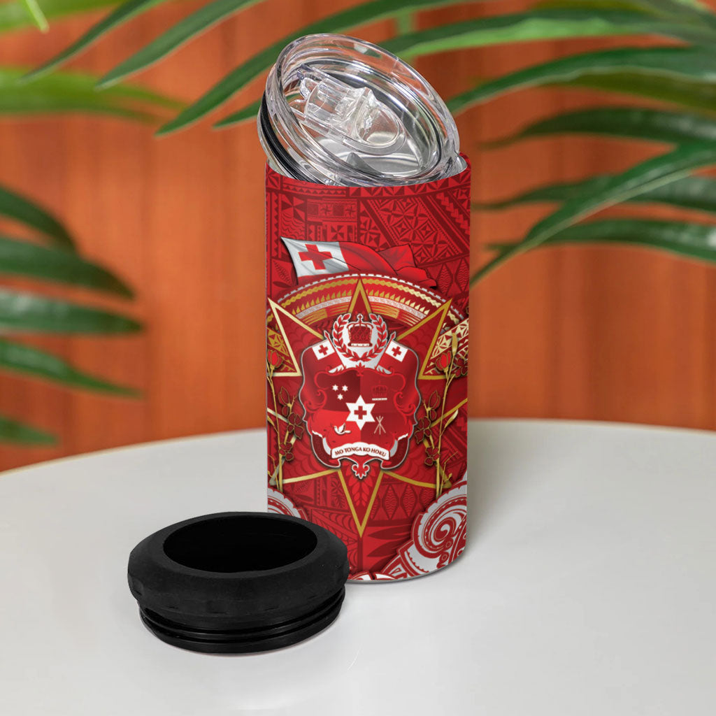 Tonga King's Birthday 4 in 1 Can Cooler Tumbler Gold Royal Crown Tribal Patterns