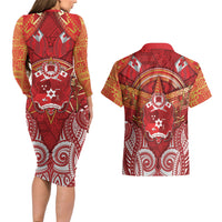 Tonga King's Birthday Couples Matching Long Sleeve Bodycon Dress and Hawaiian Shirt Gold Royal Crown Tribal Patterns