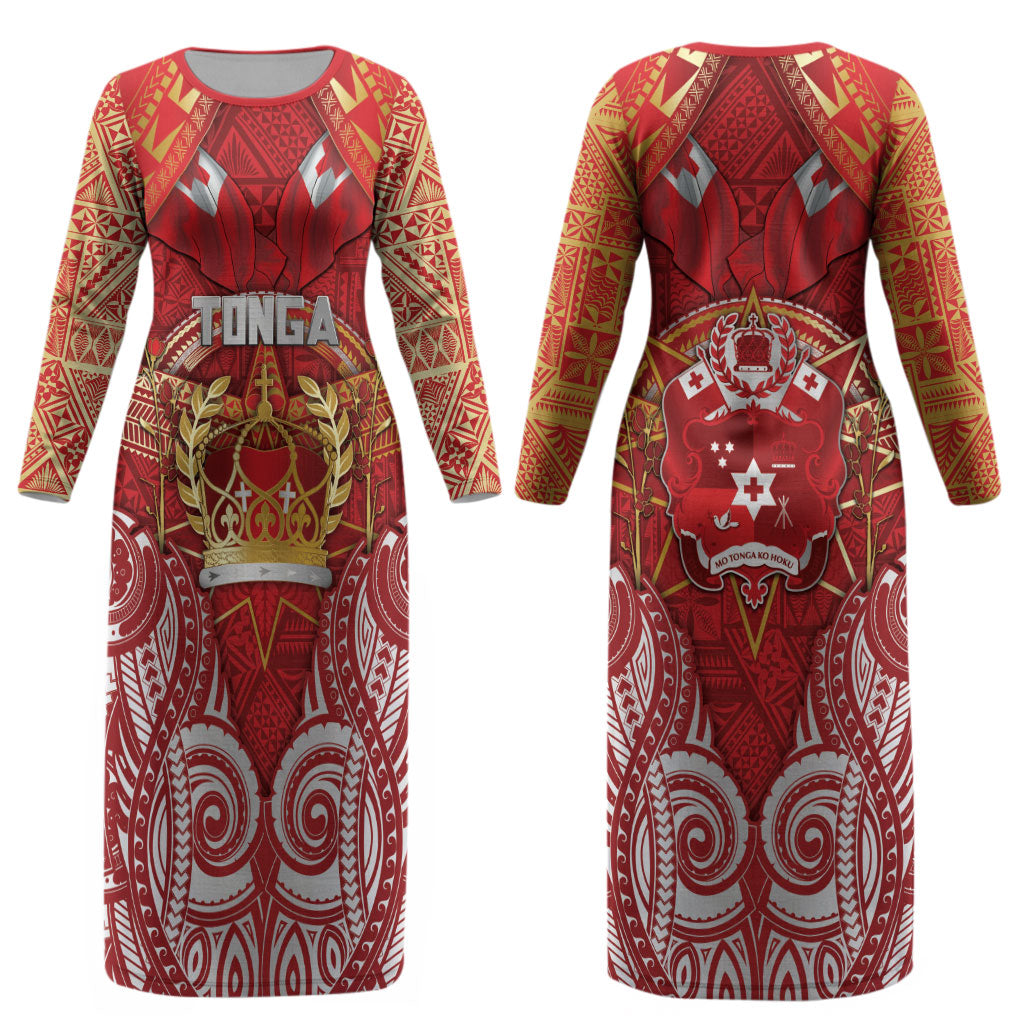 Tonga King's Birthday Couples Matching Long Sleeve Bodycon Dress and Hawaiian Shirt Gold Royal Crown Tribal Patterns DT05 - Polynesian Pride