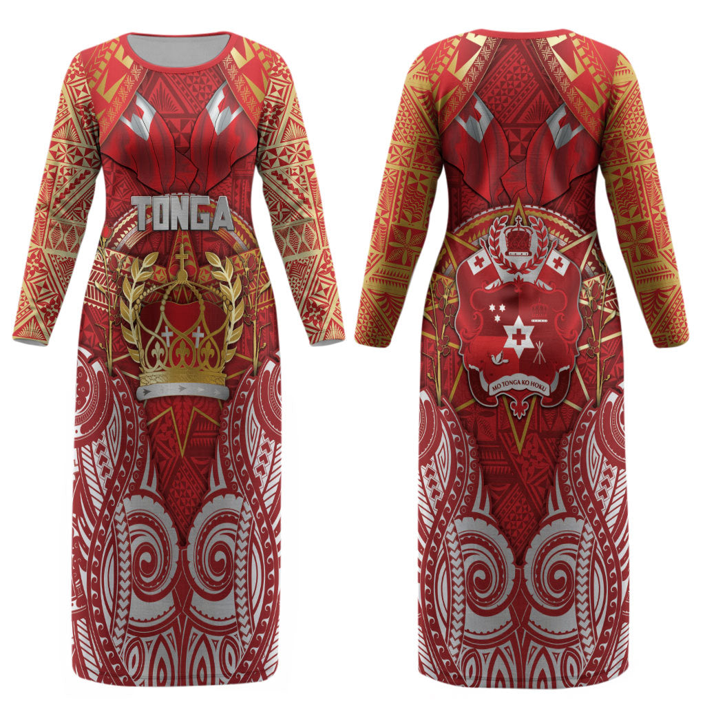 Tonga King's Birthday Couples Matching Long Sleeve Bodycon Dress and Long Sleeve Button Shirt Gold Royal Crown Tribal Patterns DT05 - Polynesian Pride