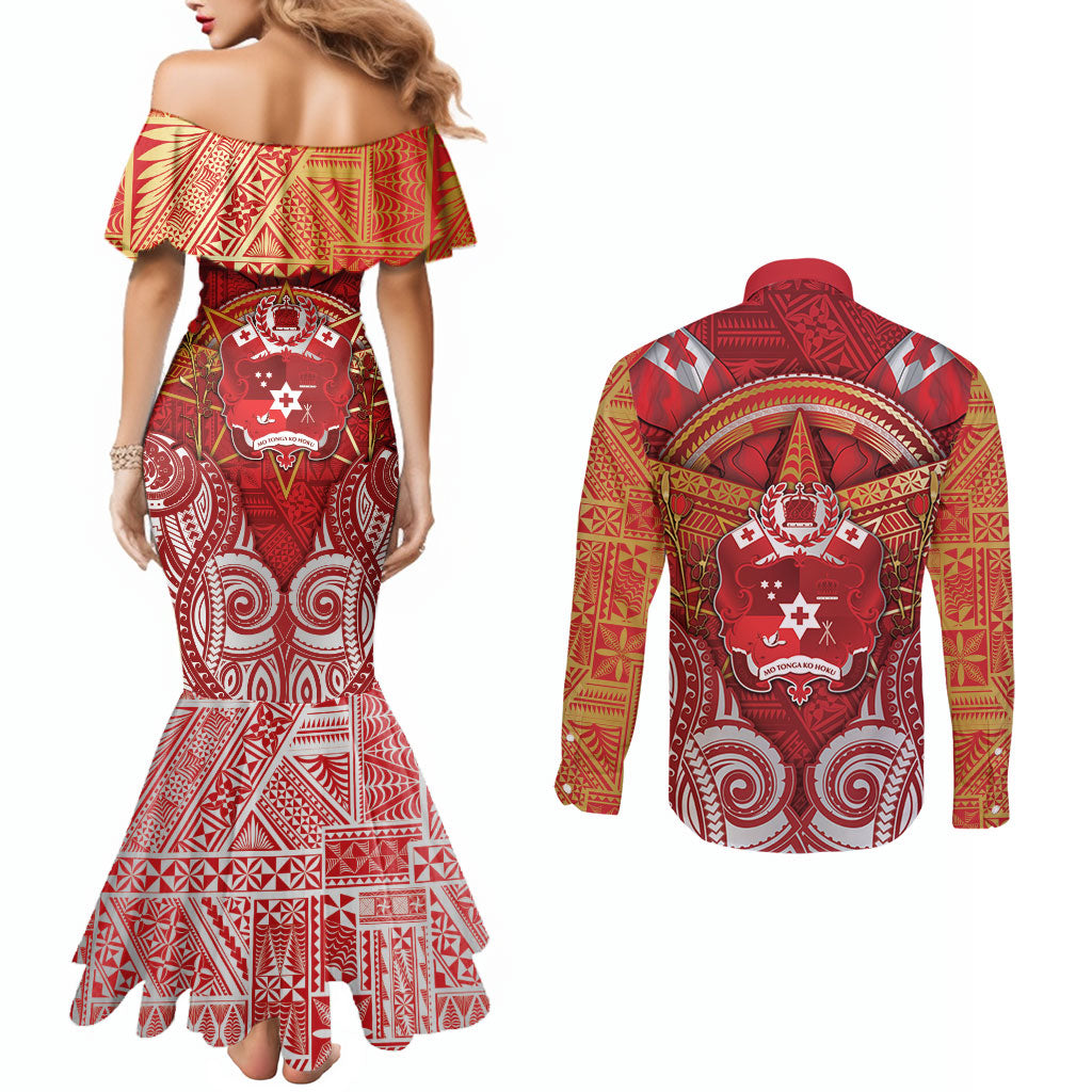 Tonga King's Birthday Couples Matching Mermaid Dress and Long Sleeve Button Shirt Gold Royal Crown Tribal Patterns