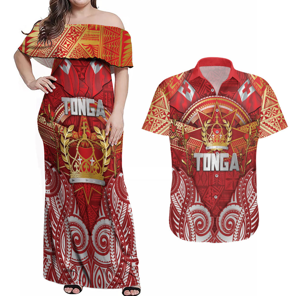 Tonga King's Birthday Couples Matching Off Shoulder Maxi Dress and Hawaiian Shirt Gold Royal Crown Tribal Patterns DT05 Red - Polynesian Pride