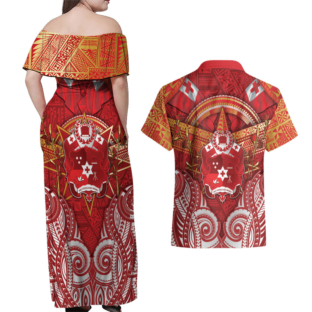 Tonga King's Birthday Couples Matching Off Shoulder Maxi Dress and Hawaiian Shirt Gold Royal Crown Tribal Patterns