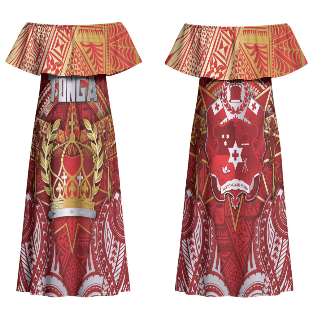 Tonga King's Birthday Couples Matching Off Shoulder Maxi Dress and Hawaiian Shirt Gold Royal Crown Tribal Patterns DT05 - Polynesian Pride