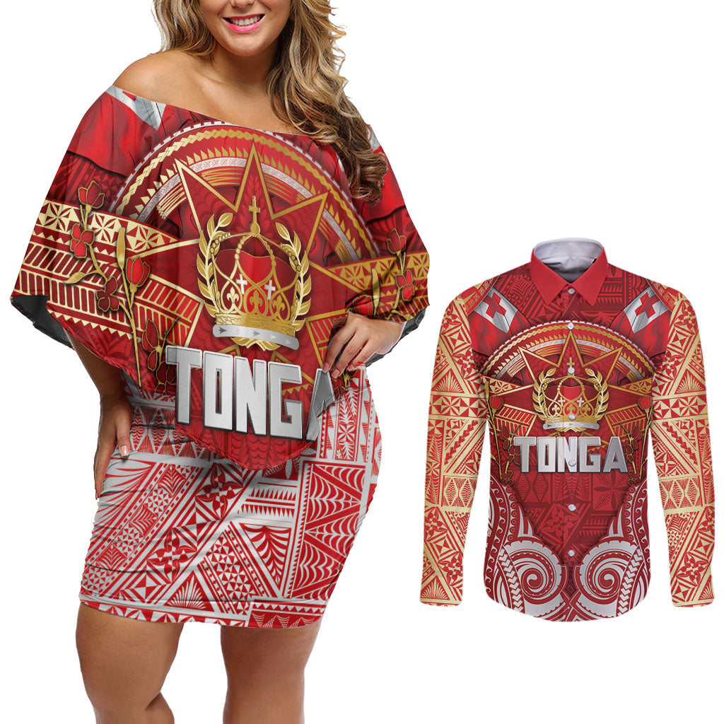 Tonga King's Birthday Couples Matching Off Shoulder Short Dress and Long Sleeve Button Shirt Gold Royal Crown Tribal Patterns DT05 Red - Polynesian Pride