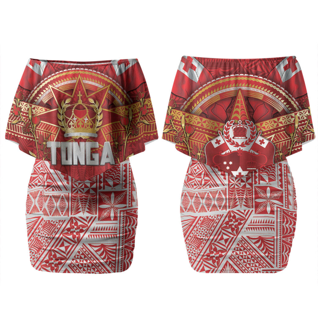 Tonga King's Birthday Couples Matching Off Shoulder Short Dress and Long Sleeve Button Shirt Gold Royal Crown Tribal Patterns DT05 - Polynesian Pride