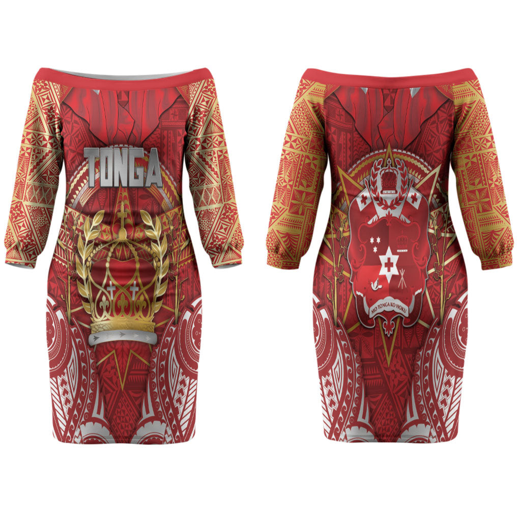 Tonga King's Birthday Couples Matching Off The Shoulder Long Sleeve Dress and Hawaiian Shirt Gold Royal Crown Tribal Patterns DT05 - Polynesian Pride