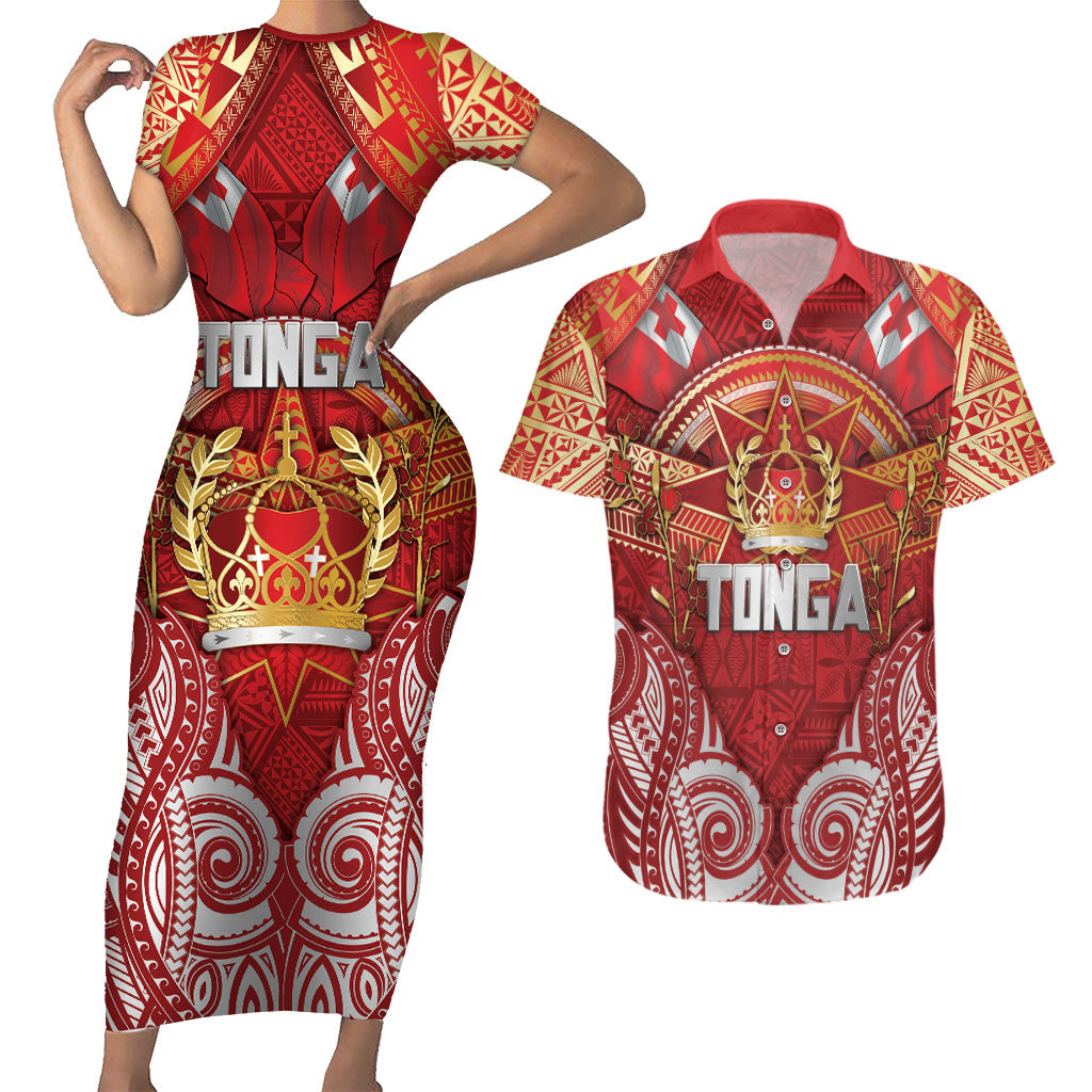 Tonga King's Birthday Couples Matching Short Sleeve Bodycon Dress and Hawaiian Shirt Gold Royal Crown Tribal Patterns DT05 Red - Polynesian Pride
