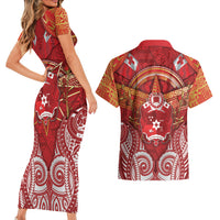 Tonga King's Birthday Couples Matching Short Sleeve Bodycon Dress and Hawaiian Shirt Gold Royal Crown Tribal Patterns