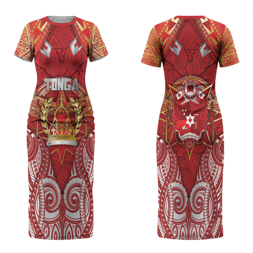 Tonga King's Birthday Couples Matching Short Sleeve Bodycon Dress and Hawaiian Shirt Gold Royal Crown Tribal Patterns DT05 - Polynesian Pride