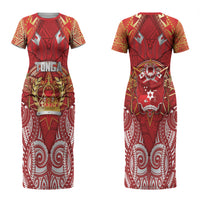 Tonga King's Birthday Couples Matching Short Sleeve Bodycon Dress and Hawaiian Shirt Gold Royal Crown Tribal Patterns DT05 - Polynesian Pride