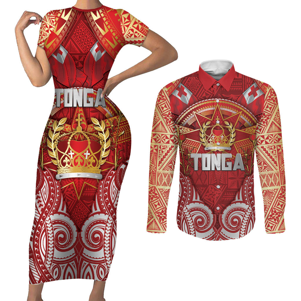 Tonga King's Birthday Couples Matching Short Sleeve Bodycon Dress and Long Sleeve Button Shirt Gold Royal Crown Tribal Patterns