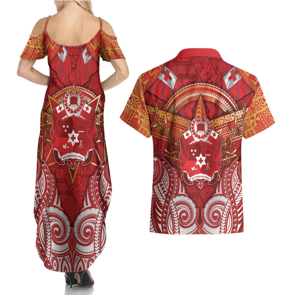 Tonga King's Birthday Couples Matching Summer Maxi Dress and Hawaiian Shirt Gold Royal Crown Tribal Patterns