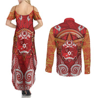 Tonga King's Birthday Couples Matching Summer Maxi Dress and Long Sleeve Button Shirt Gold Royal Crown Tribal Patterns