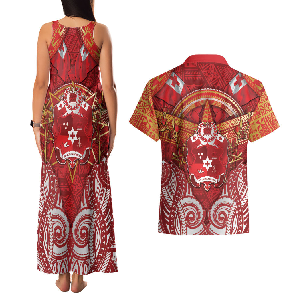 Tonga King's Birthday Couples Matching Tank Maxi Dress and Hawaiian Shirt Gold Royal Crown Tribal Patterns