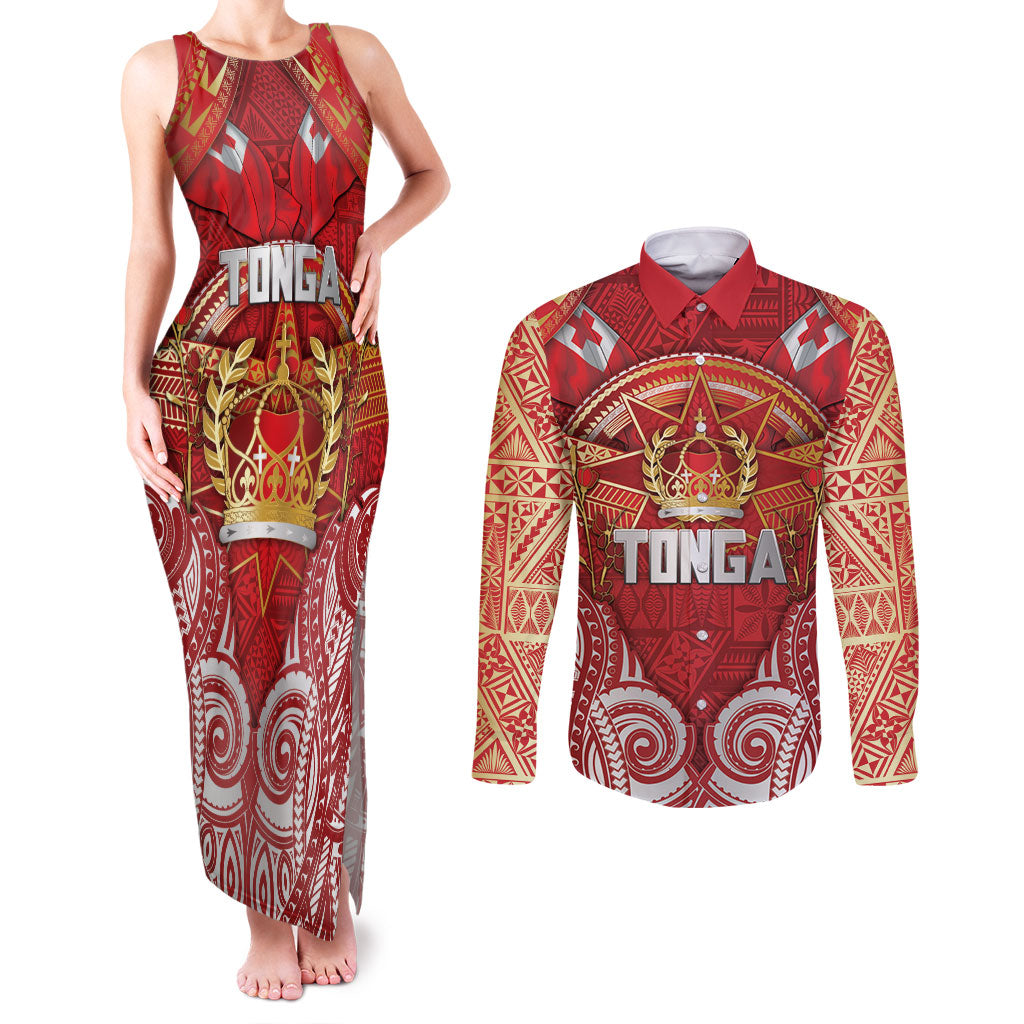 Tonga King's Birthday Couples Matching Tank Maxi Dress and Long Sleeve Button Shirt Gold Royal Crown Tribal Patterns