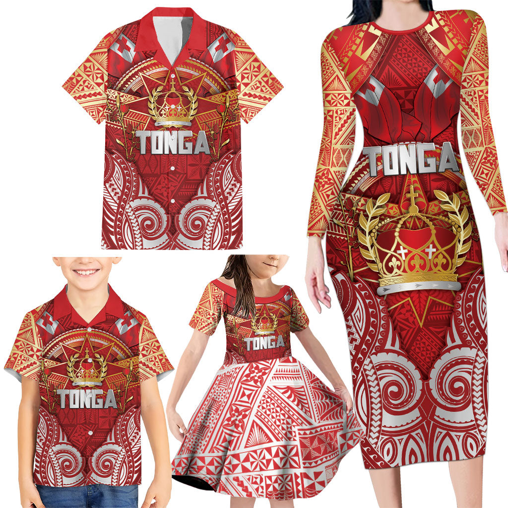Tonga King's Birthday Family Matching Long Sleeve Bodycon Dress and Hawaiian Shirt Gold Royal Crown Tribal Patterns