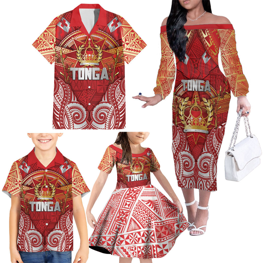 Tonga King's Birthday Family Matching Off The Shoulder Long Sleeve Dress and Hawaiian Shirt Gold Royal Crown Tribal Patterns