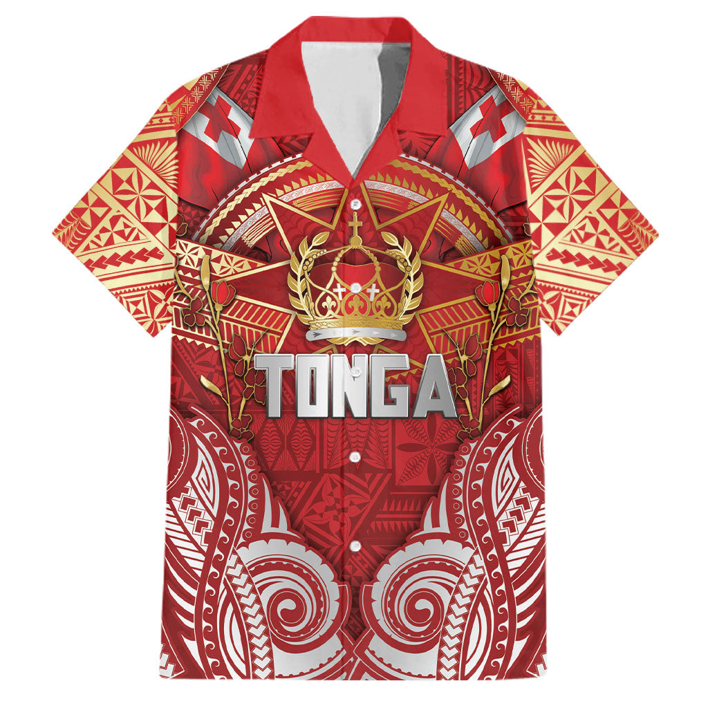 Tonga King's Birthday Family Matching Off The Shoulder Long Sleeve Dress and Hawaiian Shirt Gold Royal Crown Tribal Patterns