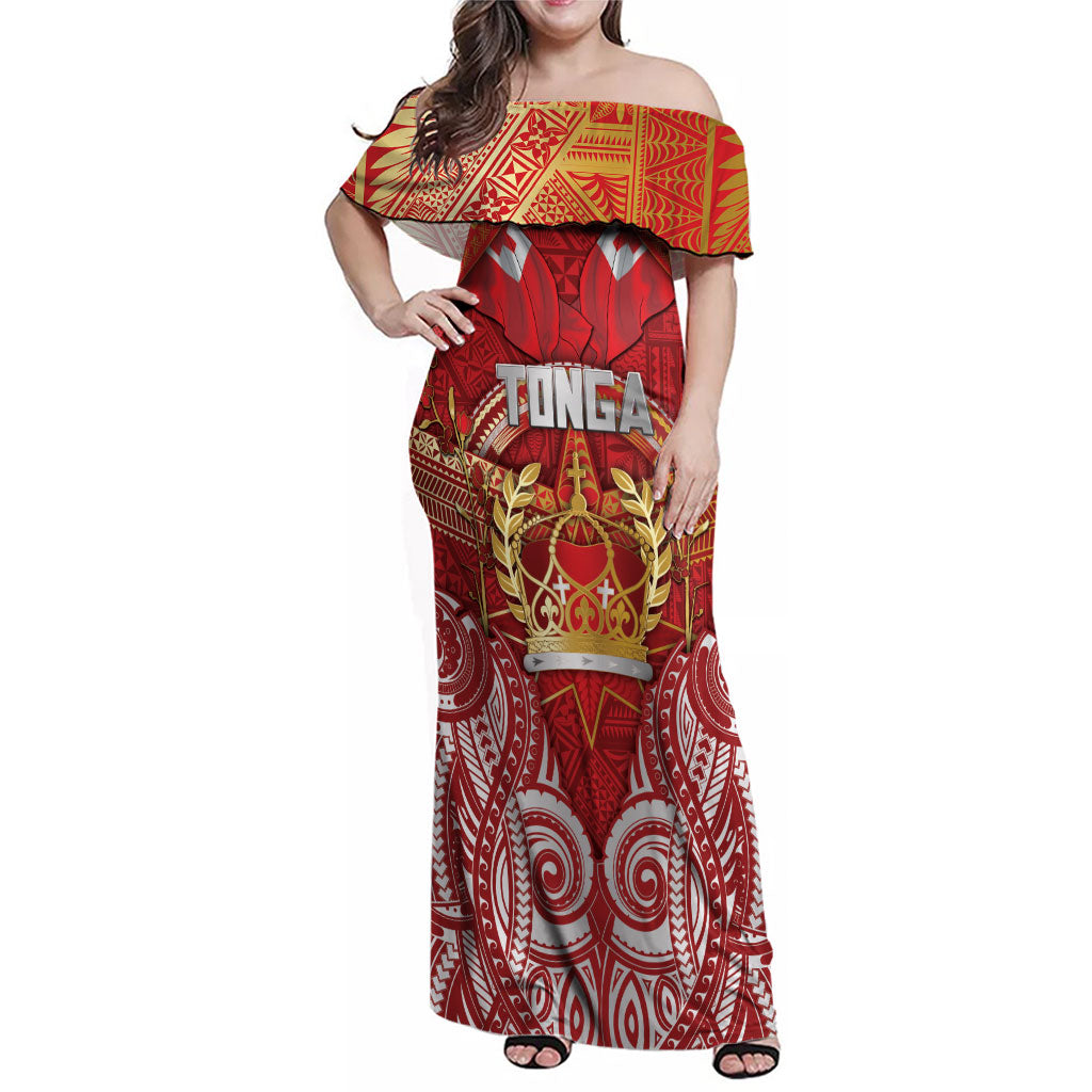 Tonga King's Birthday Family Matching Off Shoulder Maxi Dress and Hawaiian Shirt Gold Royal Crown Tribal Patterns