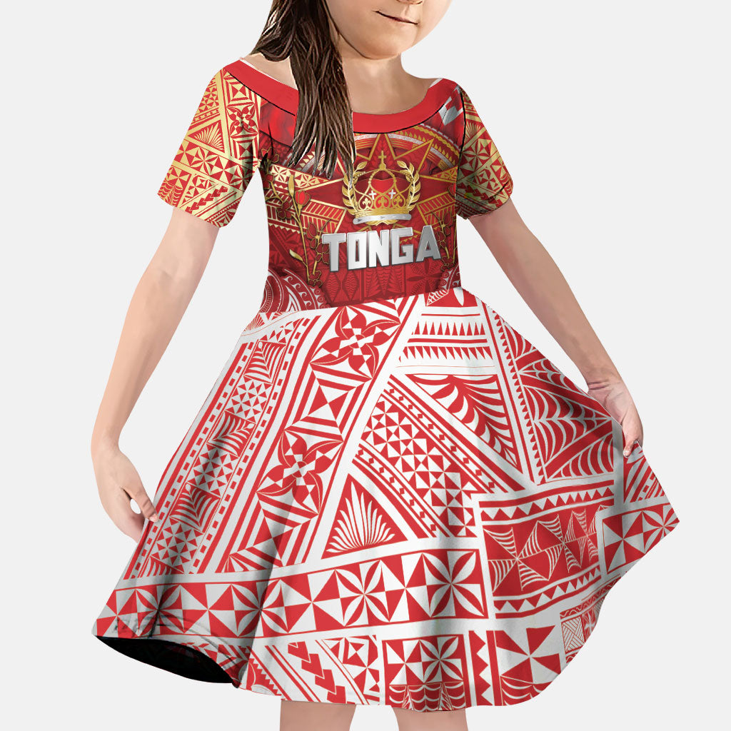 Tonga King's Birthday Family Matching Off Shoulder Short Dress and Hawaiian Shirt Gold Royal Crown Tribal Patterns