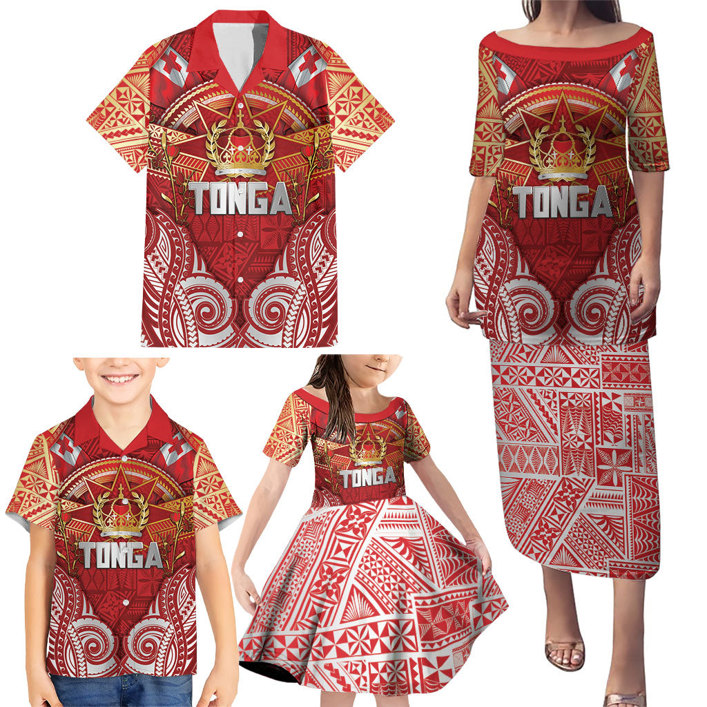 Tonga King's Birthday Family Matching Puletasi and Hawaiian Shirt Gold Royal Crown Tribal Patterns