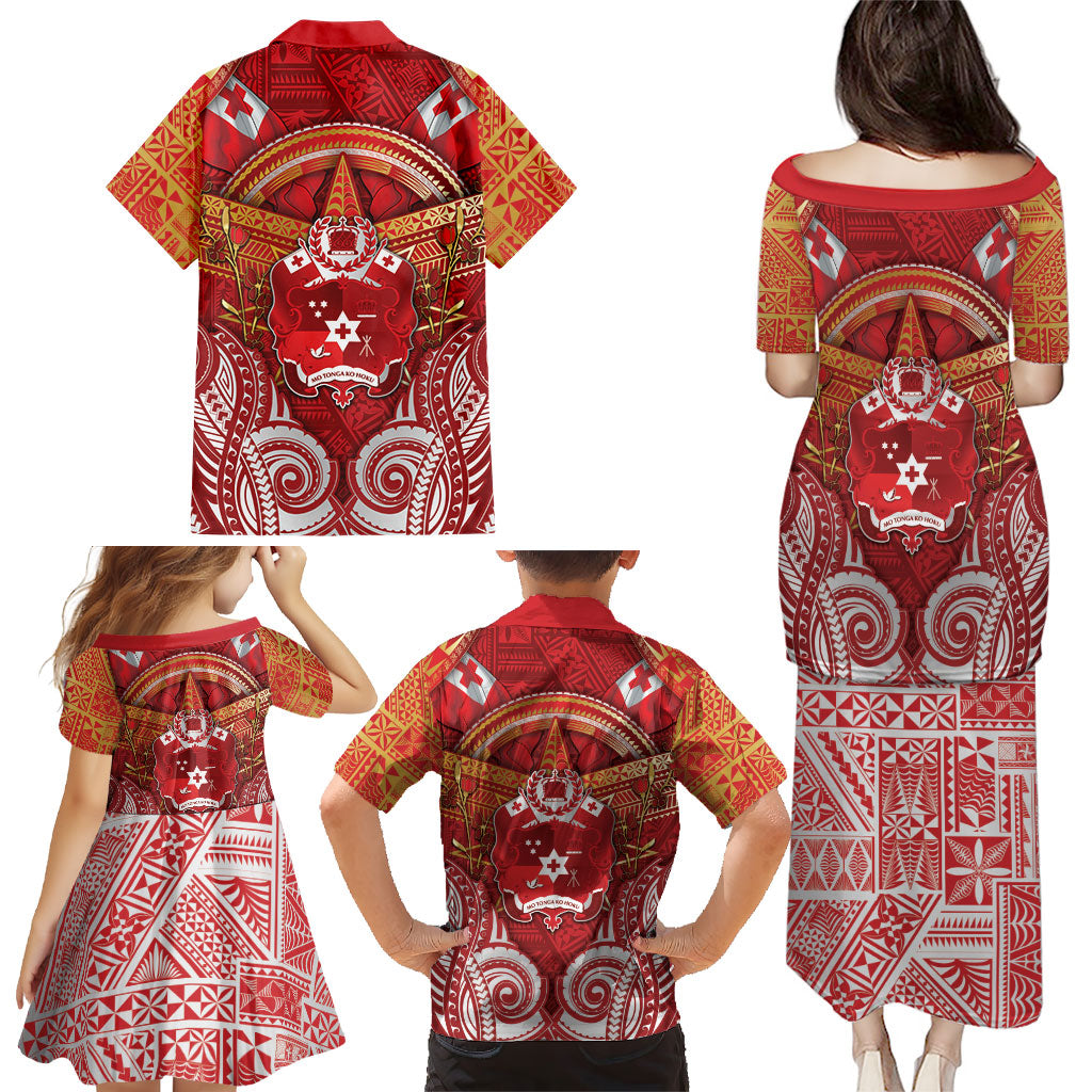 Tonga King's Birthday Family Matching Puletasi and Hawaiian Shirt Gold Royal Crown Tribal Patterns