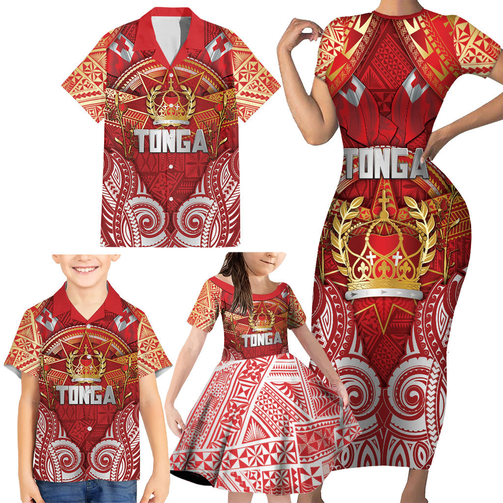 Tonga King's Birthday Family Matching Short Sleeve Bodycon Dress and Hawaiian Shirt Gold Royal Crown Tribal Patterns