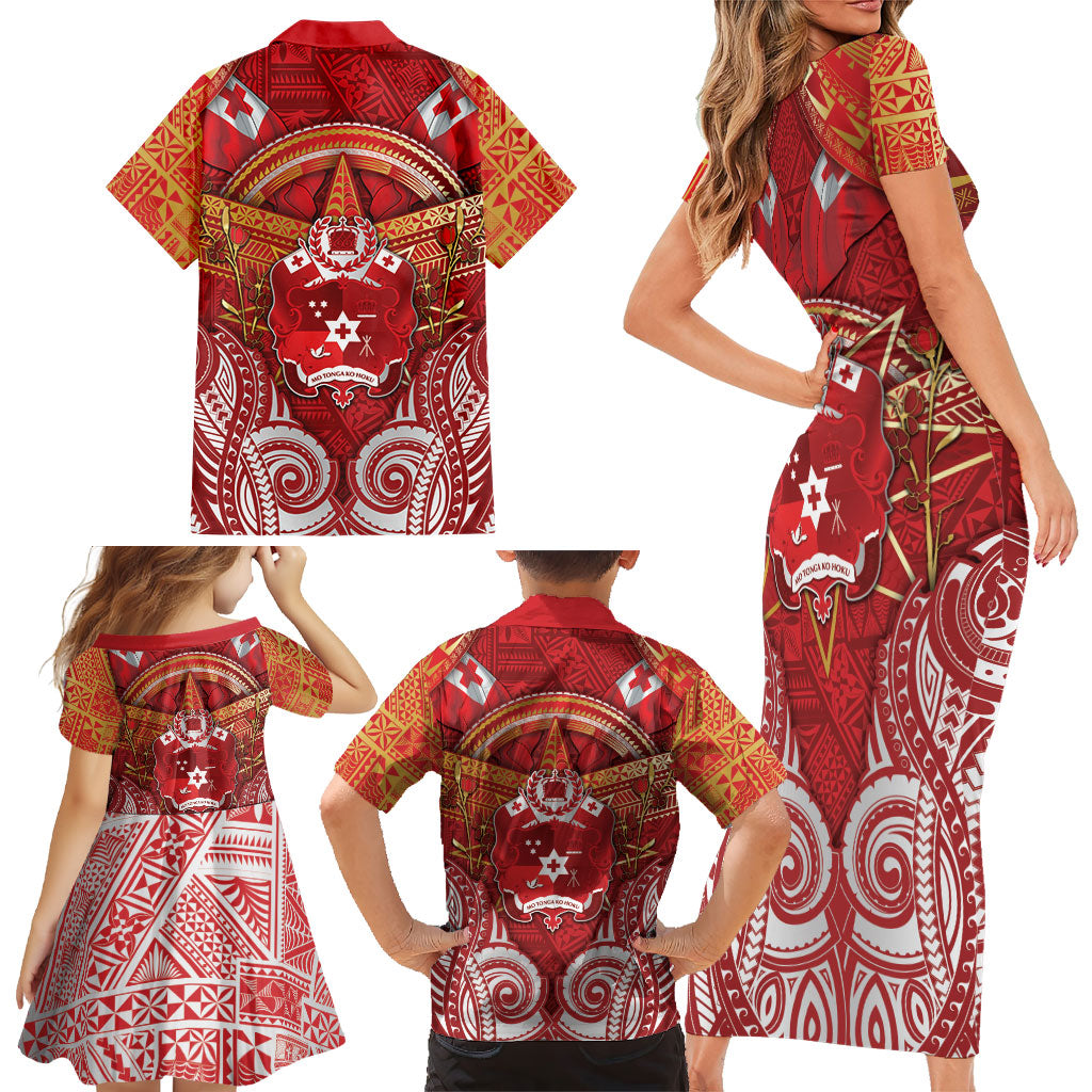 Tonga King's Birthday Family Matching Short Sleeve Bodycon Dress and Hawaiian Shirt Gold Royal Crown Tribal Patterns