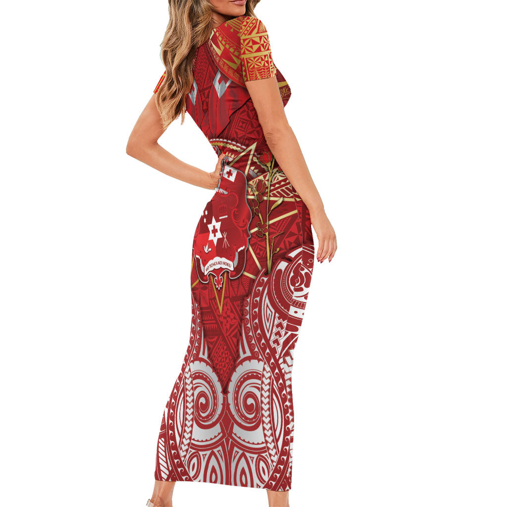 Tonga King's Birthday Family Matching Short Sleeve Bodycon Dress and Hawaiian Shirt Gold Royal Crown Tribal Patterns