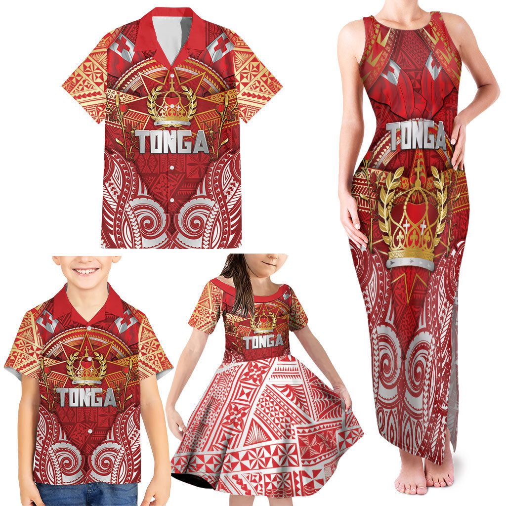 Tonga King's Birthday Family Matching Tank Maxi Dress and Hawaiian Shirt Gold Royal Crown Tribal Patterns DT05 - Polynesian Pride