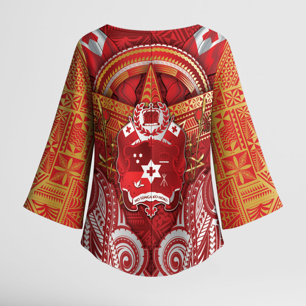 Tonga King's Birthday Kimono Sleeve Blouse Gold Royal Crown Tribal Patterns