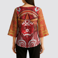 Tonga King's Birthday Kimono Sleeve Blouse Gold Royal Crown Tribal Patterns