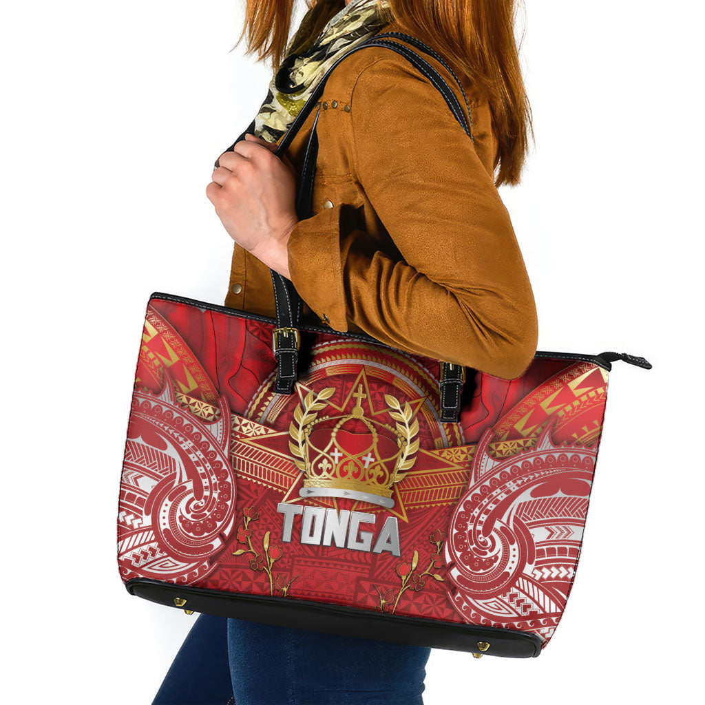 Tonga King's Birthday Leather Tote Bag Gold Royal Crown Tribal Patterns