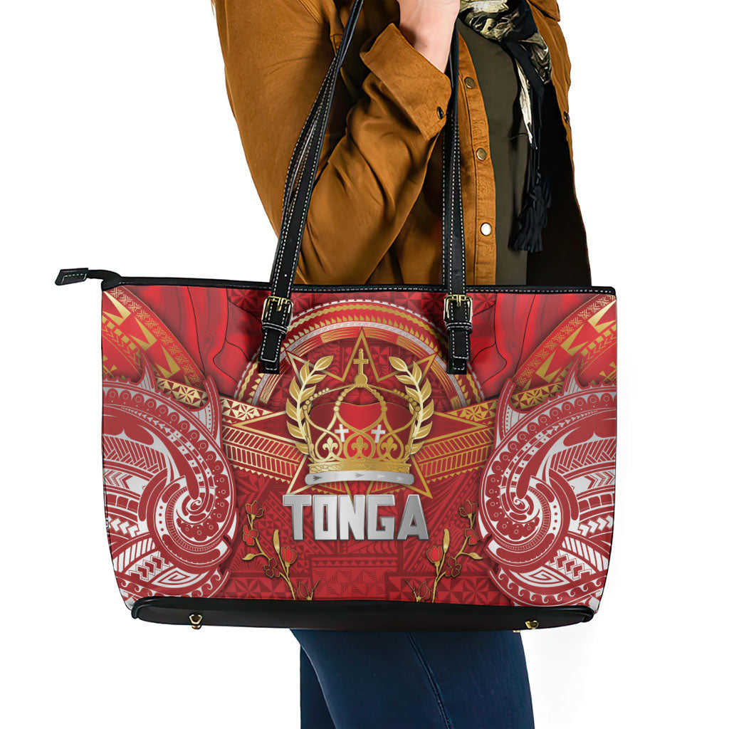 Tonga King's Birthday Leather Tote Bag Gold Royal Crown Tribal Patterns