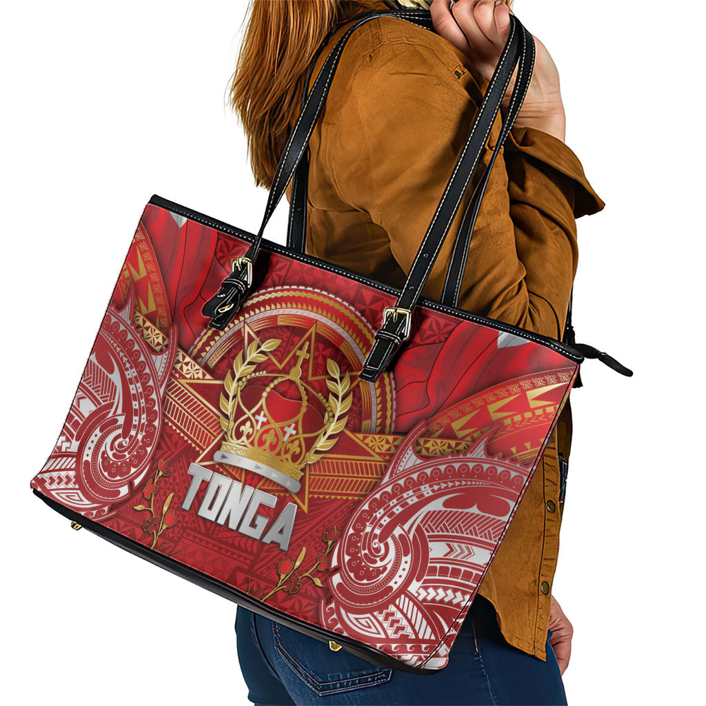 Tonga King's Birthday Leather Tote Bag Gold Royal Crown Tribal Patterns