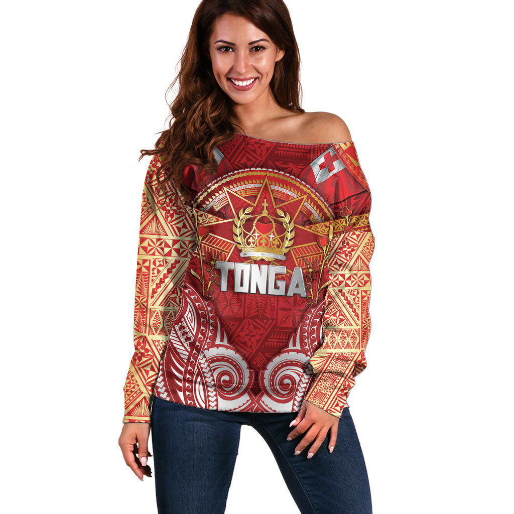 Tonga King's Birthday Off Shoulder Sweater Gold Royal Crown Tribal Patterns