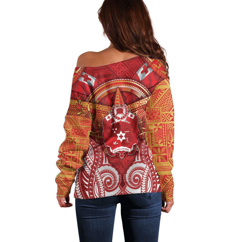 Tonga King's Birthday Off Shoulder Sweater Gold Royal Crown Tribal Patterns