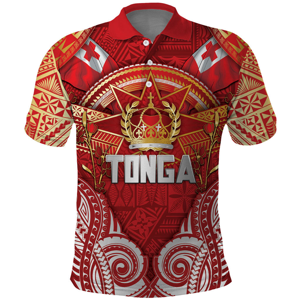 Tonga King's Birthday Polo Shirt Gold Royal Crown Tribal Patterns DT05 Red - Polynesian Pride