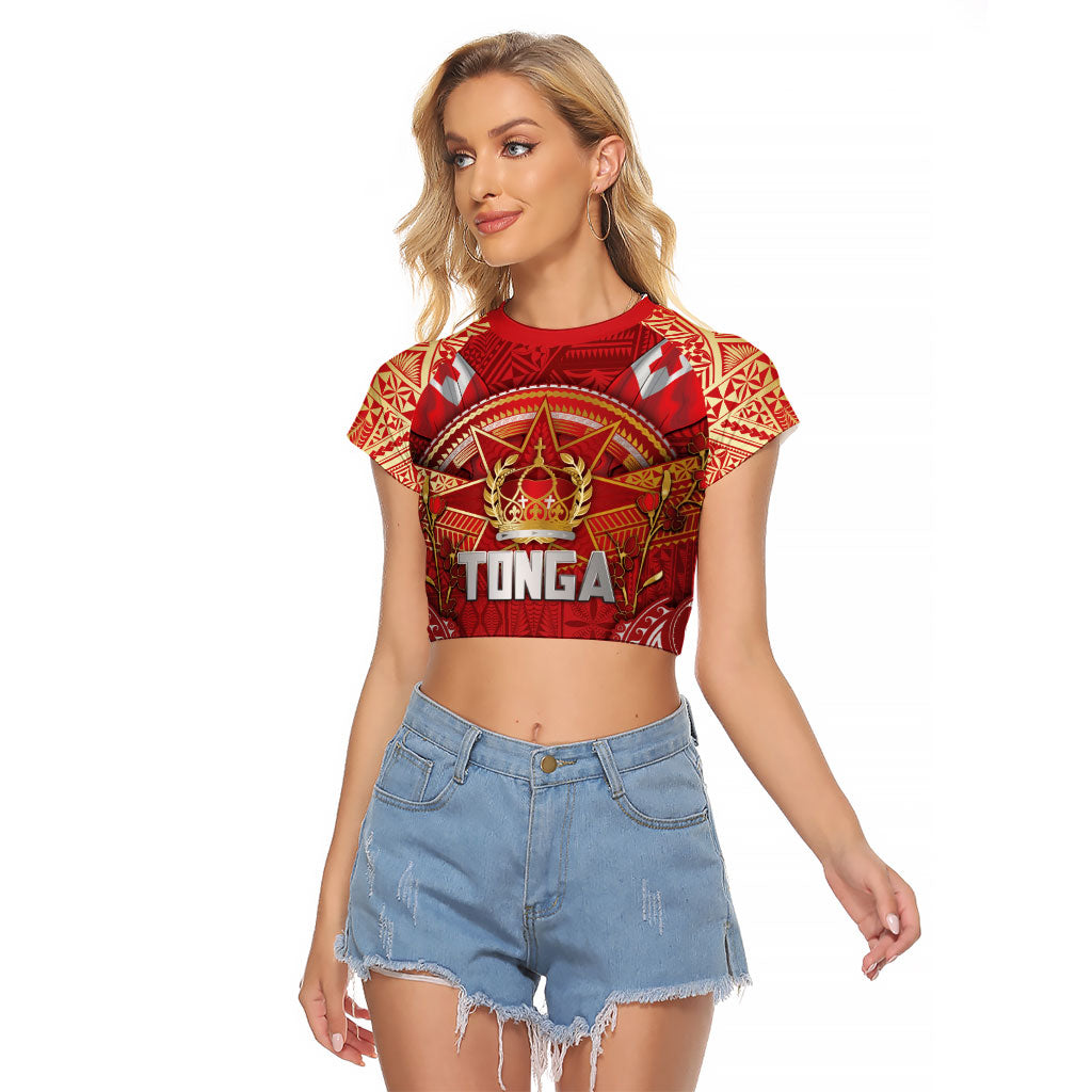 Tonga King's Birthday Raglan Cropped T Shirt Gold Royal Crown Tribal Patterns DT05 Female Red - Polynesian Pride