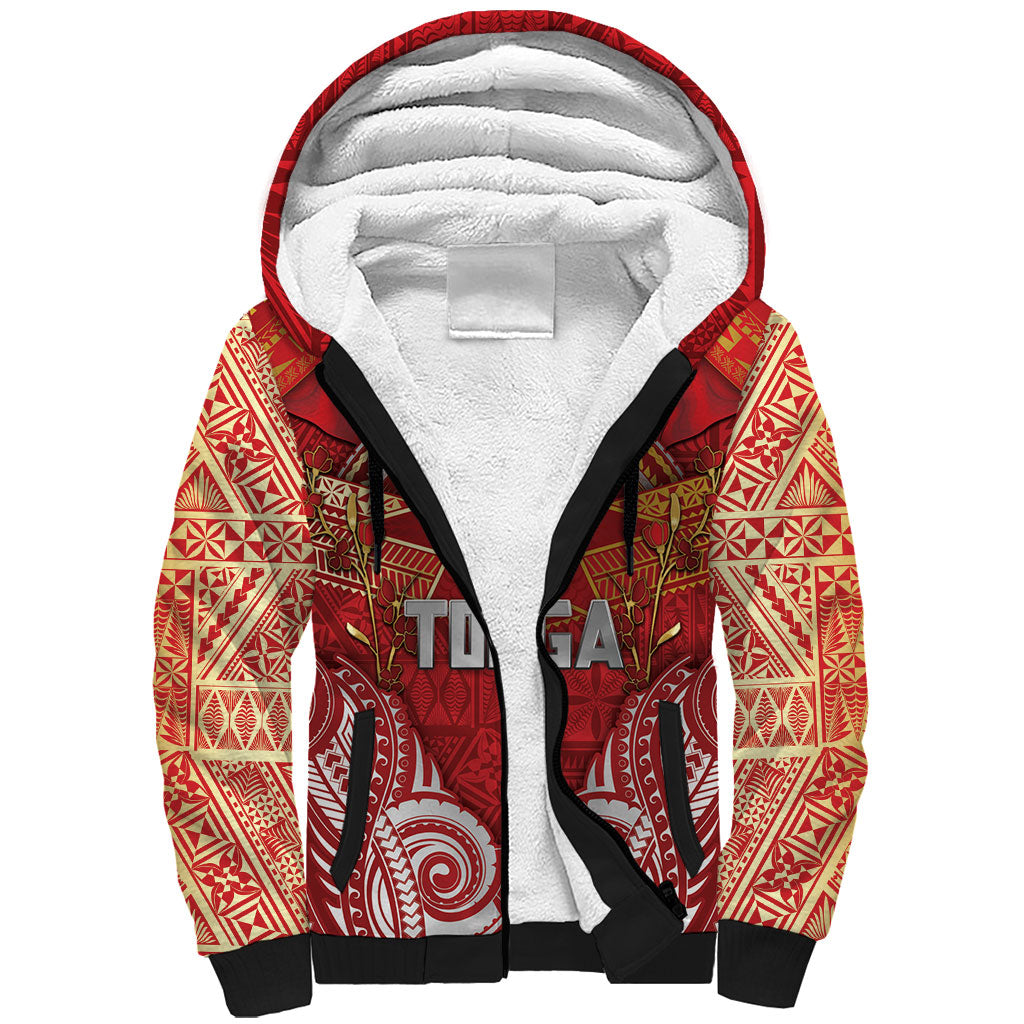 Tonga King's Birthday Sherpa Hoodie Gold Royal Crown Tribal Patterns