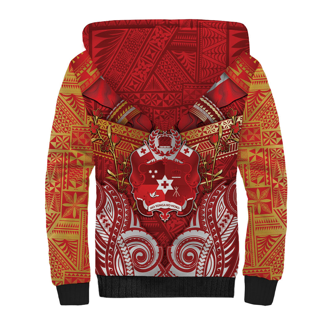 Tonga King's Birthday Sherpa Hoodie Gold Royal Crown Tribal Patterns