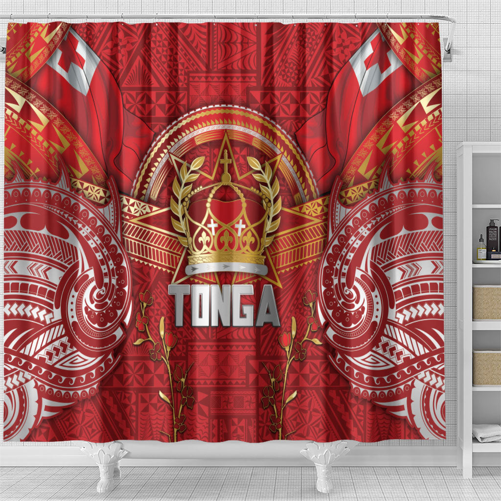Tonga King's Birthday Shower Curtain Gold Royal Crown Tribal Patterns
