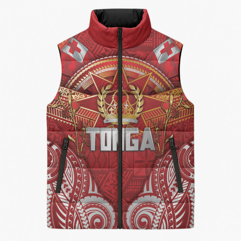 Tonga King's Birthday Sleeveless Puffer Jacket Gold Royal Crown Tribal Patterns